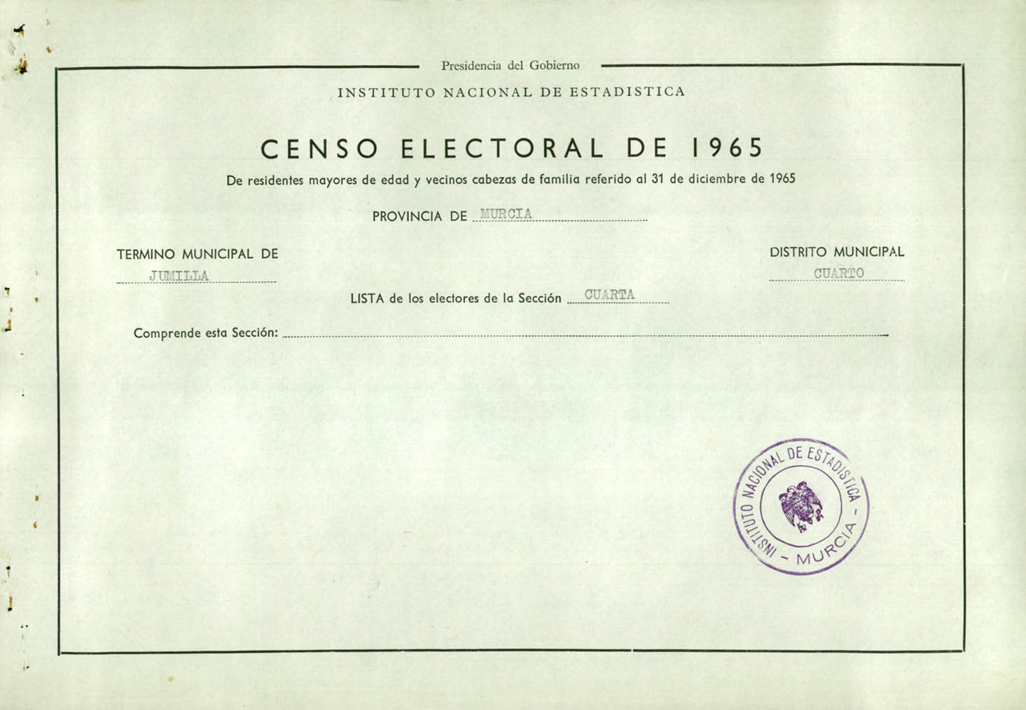 Censo electoral provincial de 1965: listas definitivas de Jumilla, Distrito 4º, sección 4ª.